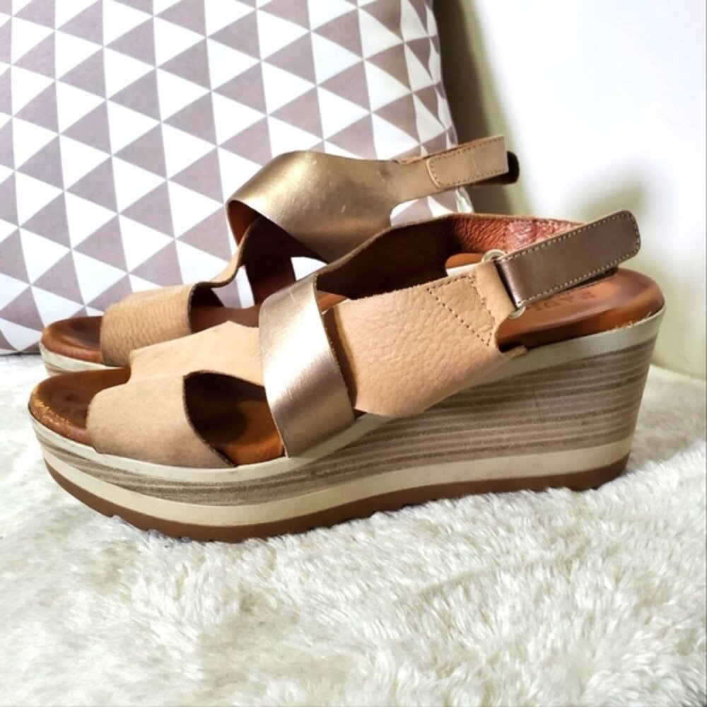 Anthropologie Paula Urban Leather Wedge Metallic Velcro Wedge Sandals 8.5